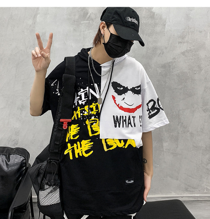 Hip Hop Color Block Smile Letter Print Men T Shirt Harajuku Fashion Streetwear Hooded Casual Cotton Tops Tee