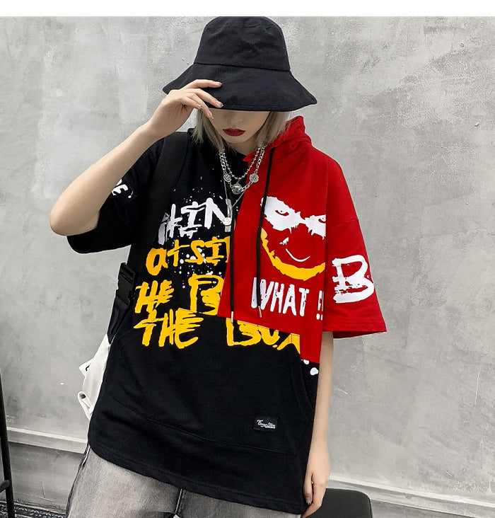Hip Hop Color Block Smile Letter Print Men T Shirt Harajuku Fashion Streetwear Hooded Casual Cotton Tops Tee
