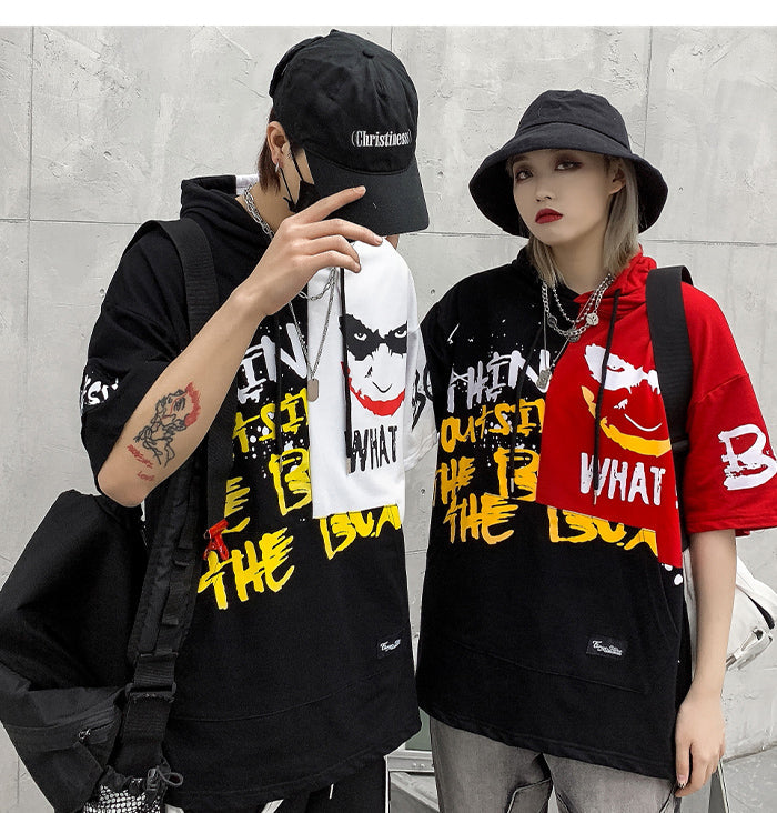 Hip Hop Color Block Smile Letter Print Men T Shirt Harajuku Fashion Streetwear Hooded Casual Cotton Tops Tee
