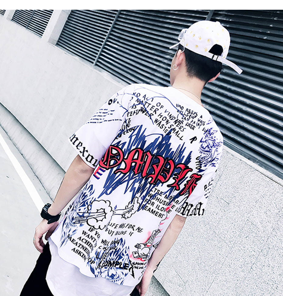 Mens Short Sleeve T-shirt Graffiti Tees Shirts Flame Print Skateboard Tshirts Male Cotton Hip Hop Streetwear KJ54