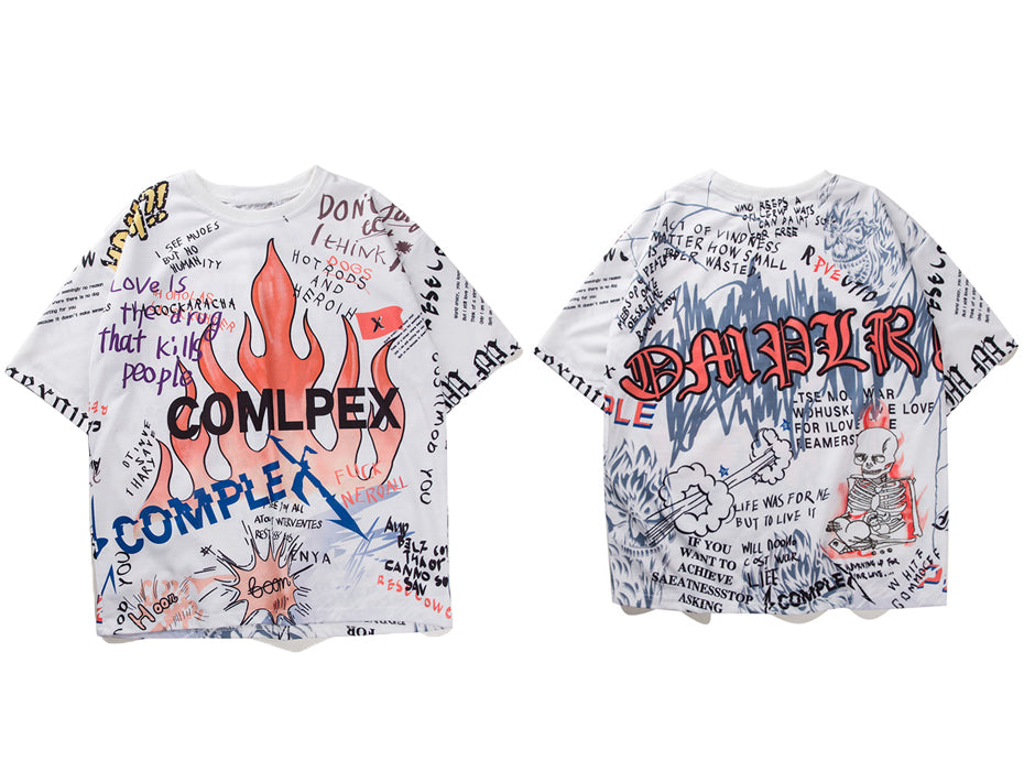 Mens Short Sleeve T-shirt Graffiti Tees Shirts Flame Print Skateboard Tshirts Male Cotton Hip Hop Streetwear KJ54