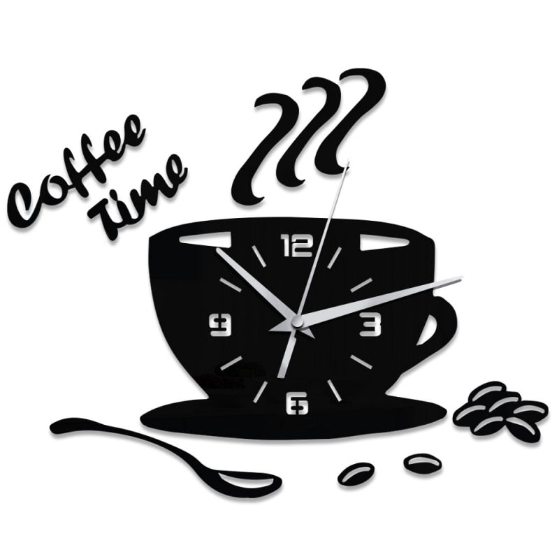 3D Coffee Cup Shape Time Clock DIY Mirror Acrylic Wall Clock Modern Kitchen Digital Wall Stickers Home Decor