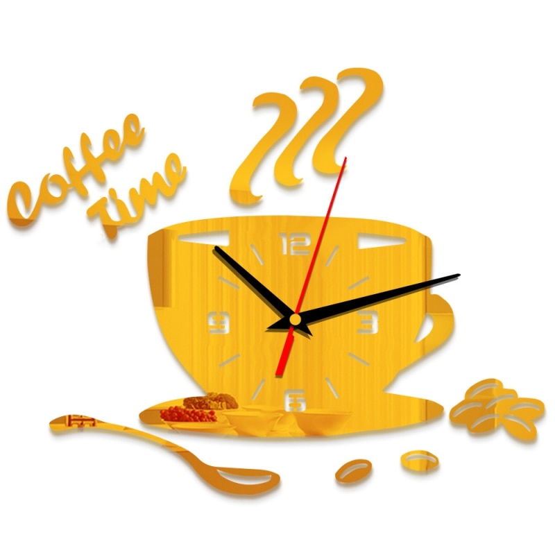 3D Coffee Cup Shape Time Clock DIY Mirror Acrylic Wall Clock Modern Kitchen Digital Wall Stickers Home Decor