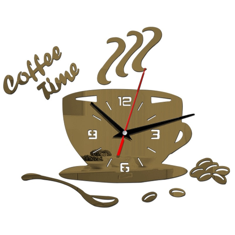 3D Coffee Cup Shape Time Clock DIY Mirror Acrylic Wall Clock Modern Kitchen Digital Wall Stickers Home Decor