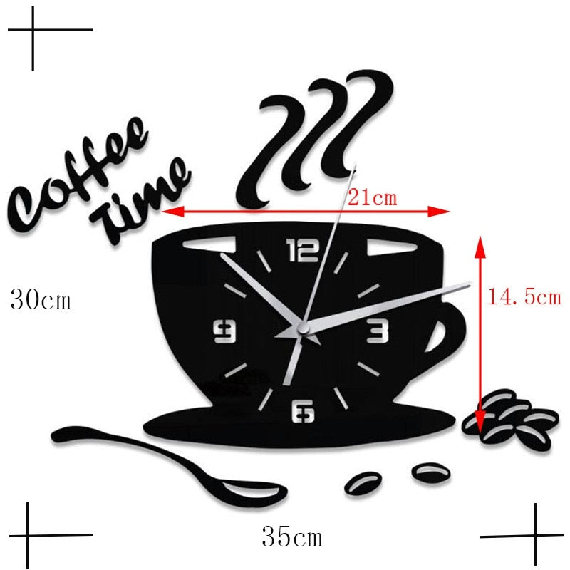3D Coffee Cup Shape Time Clock DIY Mirror Acrylic Wall Clock Modern Kitchen Digital Wall Stickers Home Decor
