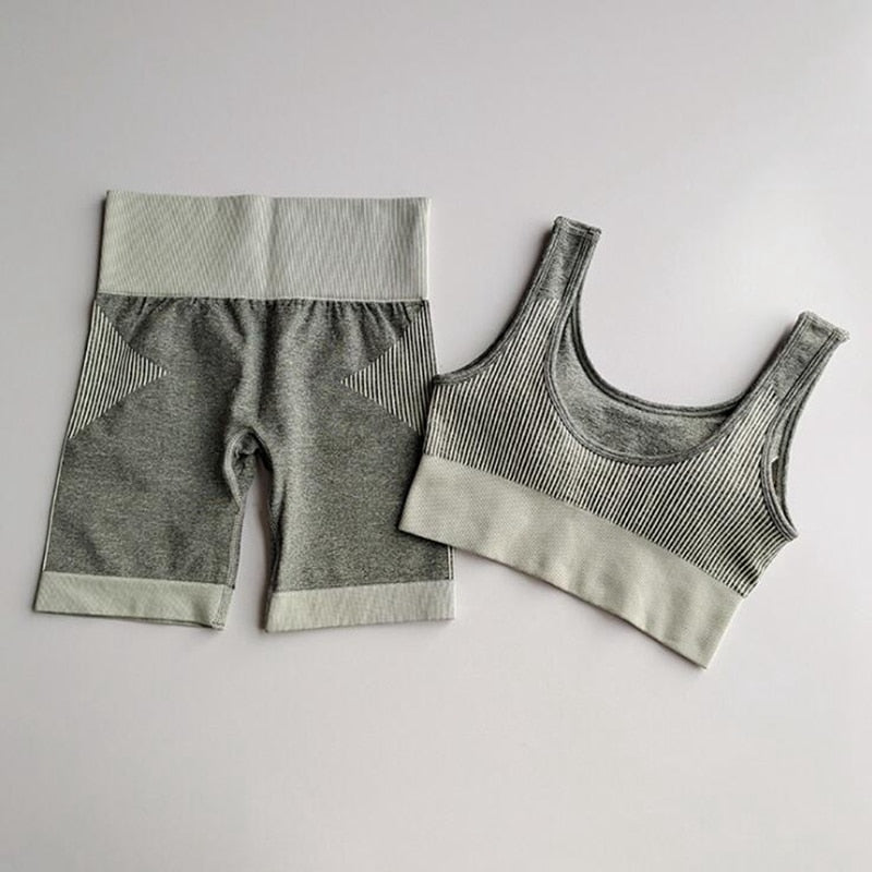 Seamless Striped Yoga Set Tracksuit For Women Slim Bra Top And Hips Lifting Shorts Casual Training Sexy Fitness Clothing 2 Piece