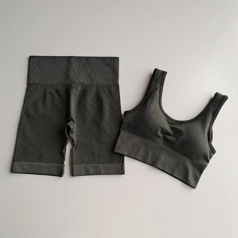 Seamless Striped Yoga Set Tracksuit For Women Slim Bra Top And Hips Lifting Shorts Casual Training Sexy Fitness Clothing 2 Piece