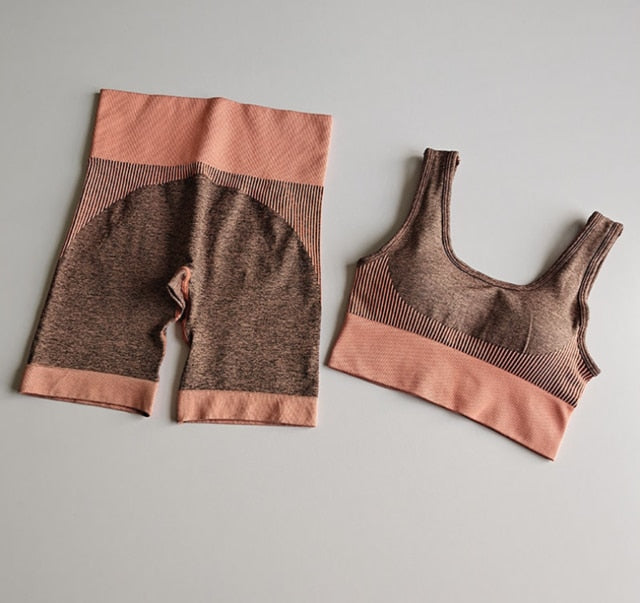 Seamless Striped Yoga Set Tracksuit For Women Slim Bra Top And Hips Lifting Shorts Casual Training Sexy Fitness Clothing 2 Piece