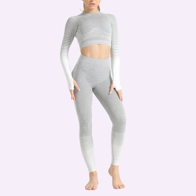 Seamless Women Yoga Set Long Sleeve Top Shirts High Waist Belly Control Sport Leggings Tights Gym Clothes Seamless Sport Suit