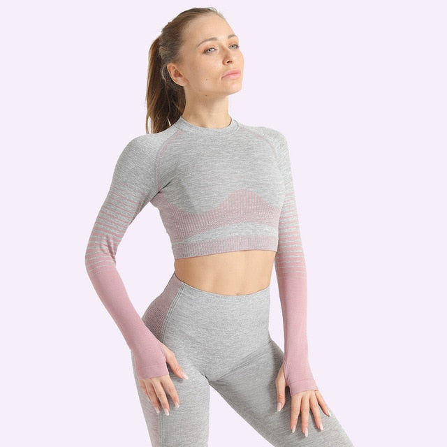 Seamless Women Yoga Set Long Sleeve Top Shirts High Waist Belly Control Sport Leggings Tights Gym Clothes Seamless Sport Suit