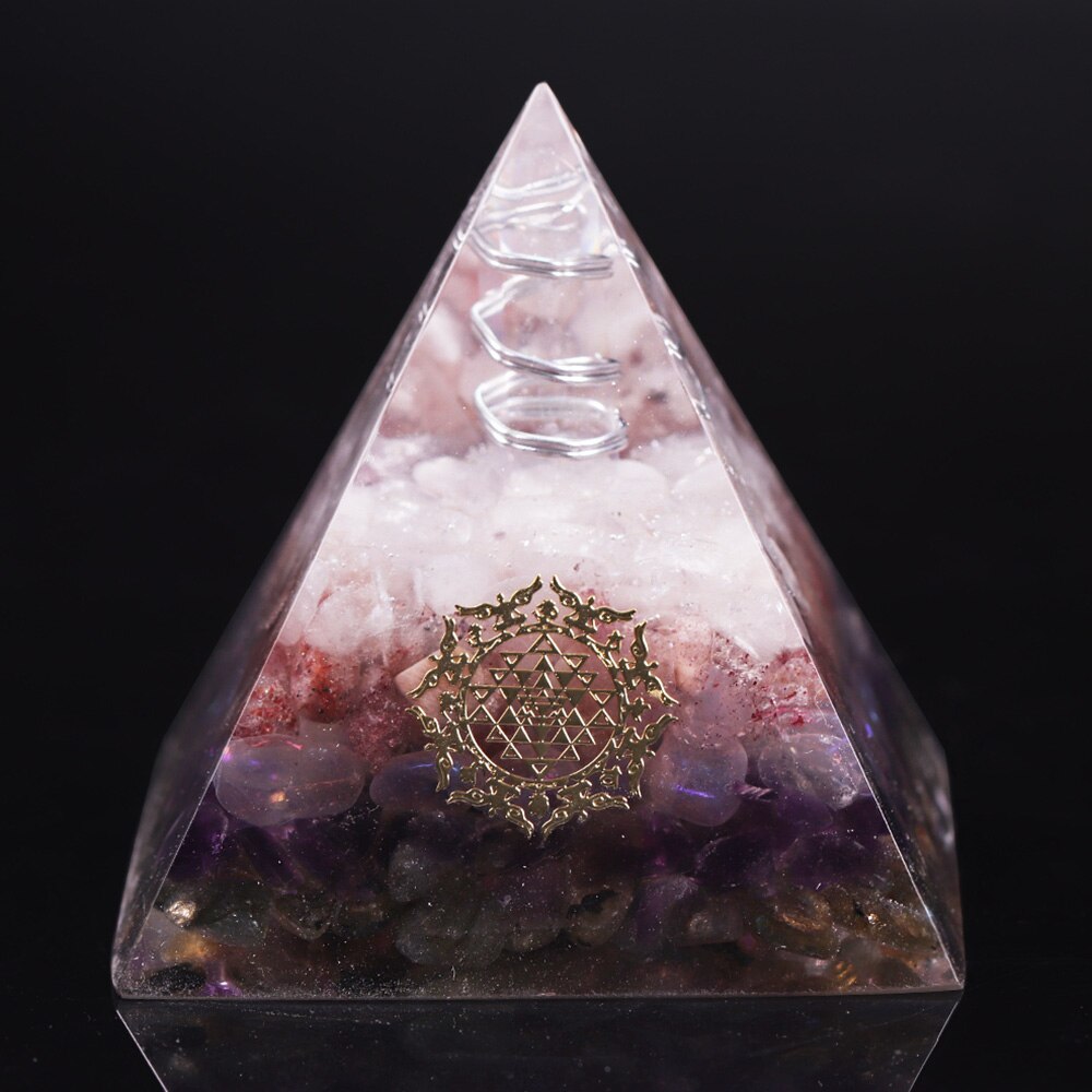 Orgone Pyramid Clear White Crystal Point With Strawberry Crystal Amethyst Opal Energy Symbol Pyramide Emf Protection