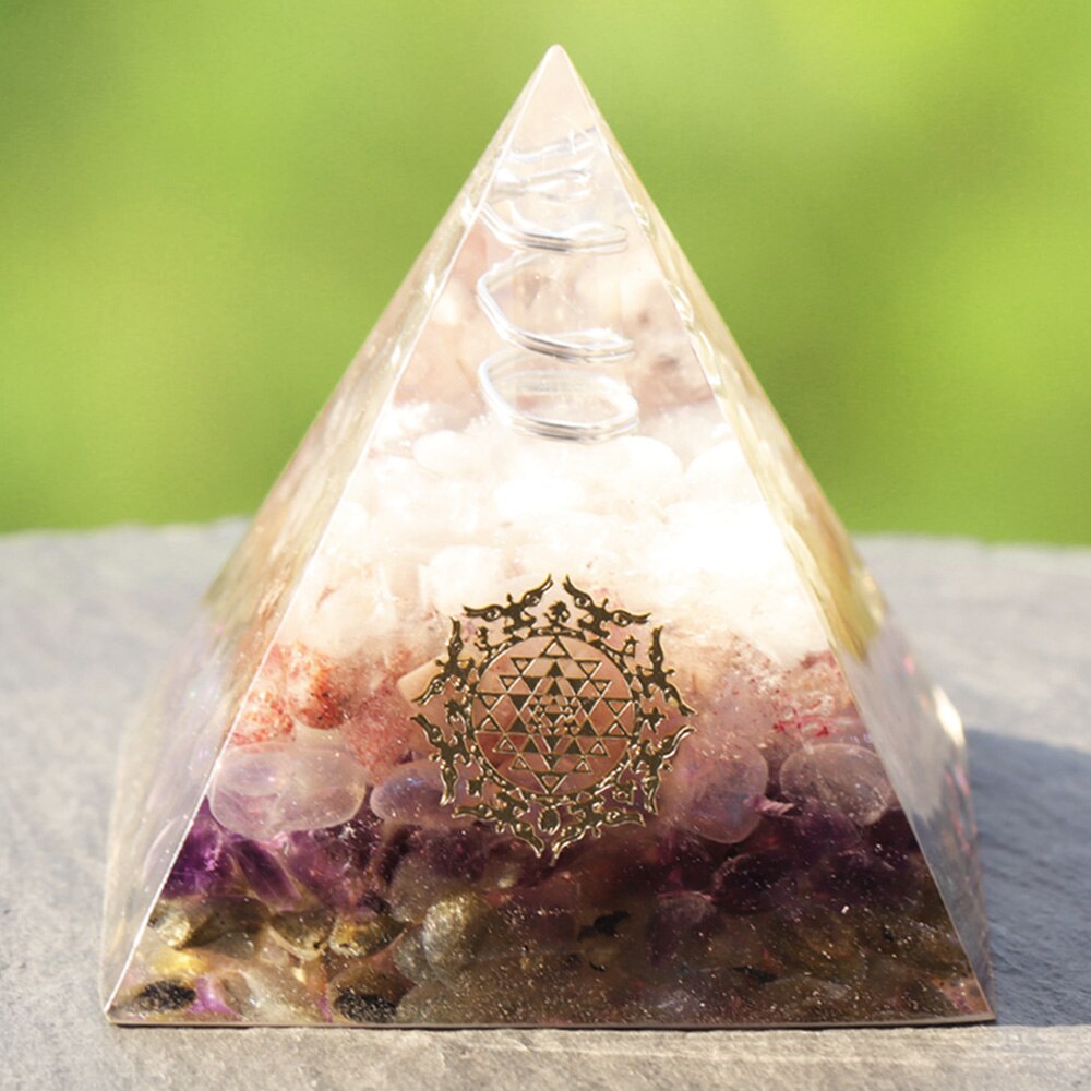 Orgone Pyramid Clear White Crystal Point With Strawberry Crystal Amethyst Opal Energy Symbol Pyramide Emf Protection