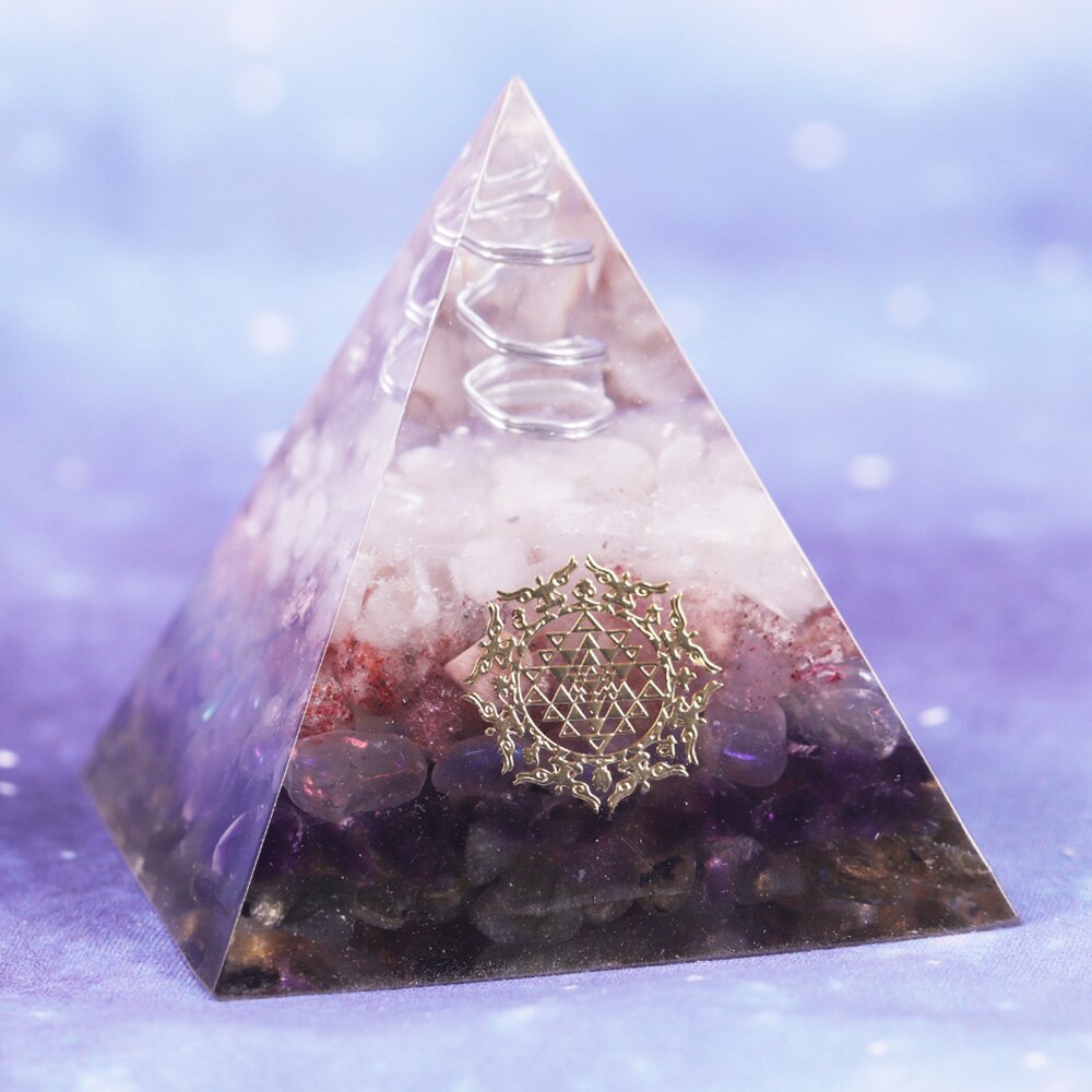 Orgone Pyramid Clear White Crystal Point With Strawberry Crystal Amethyst Opal Energy Symbol Pyramide Emf Protection