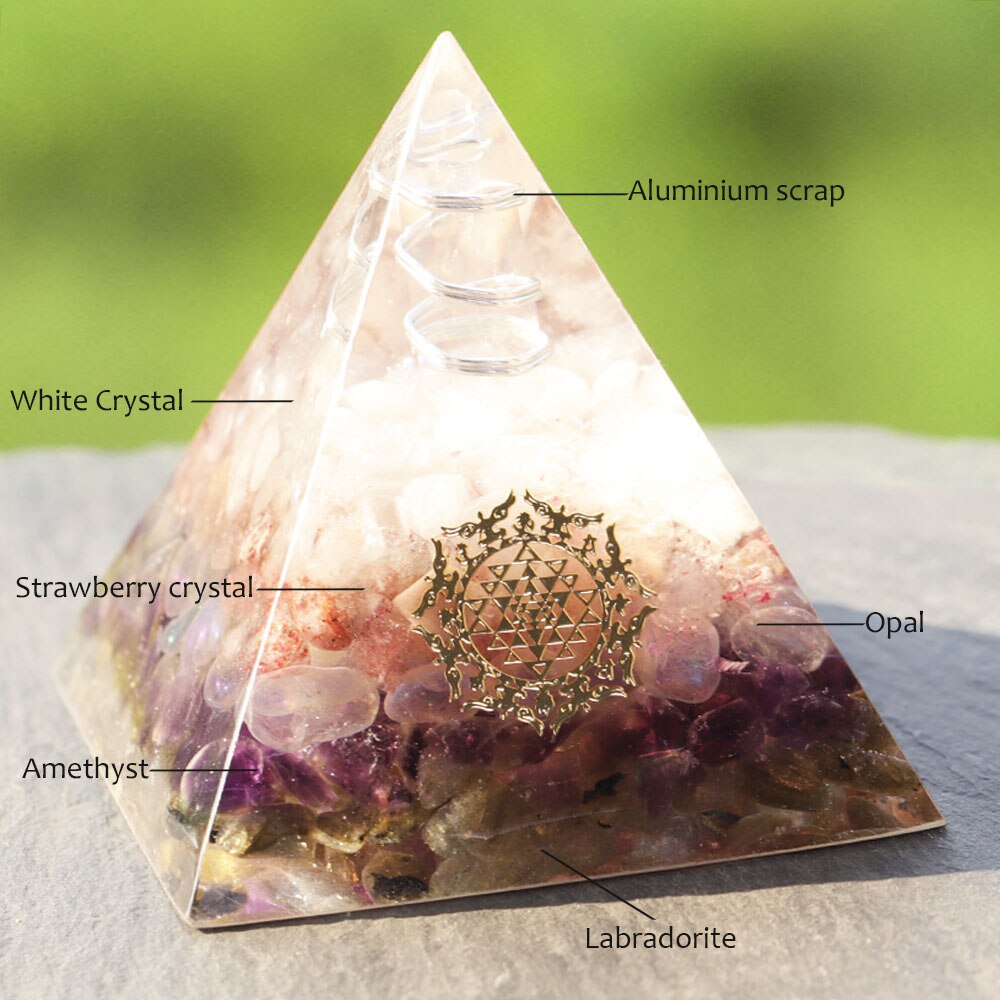 Orgone Pyramid Clear White Crystal Point With Strawberry Crystal Amethyst Opal Energy Symbol Pyramide Emf Protection