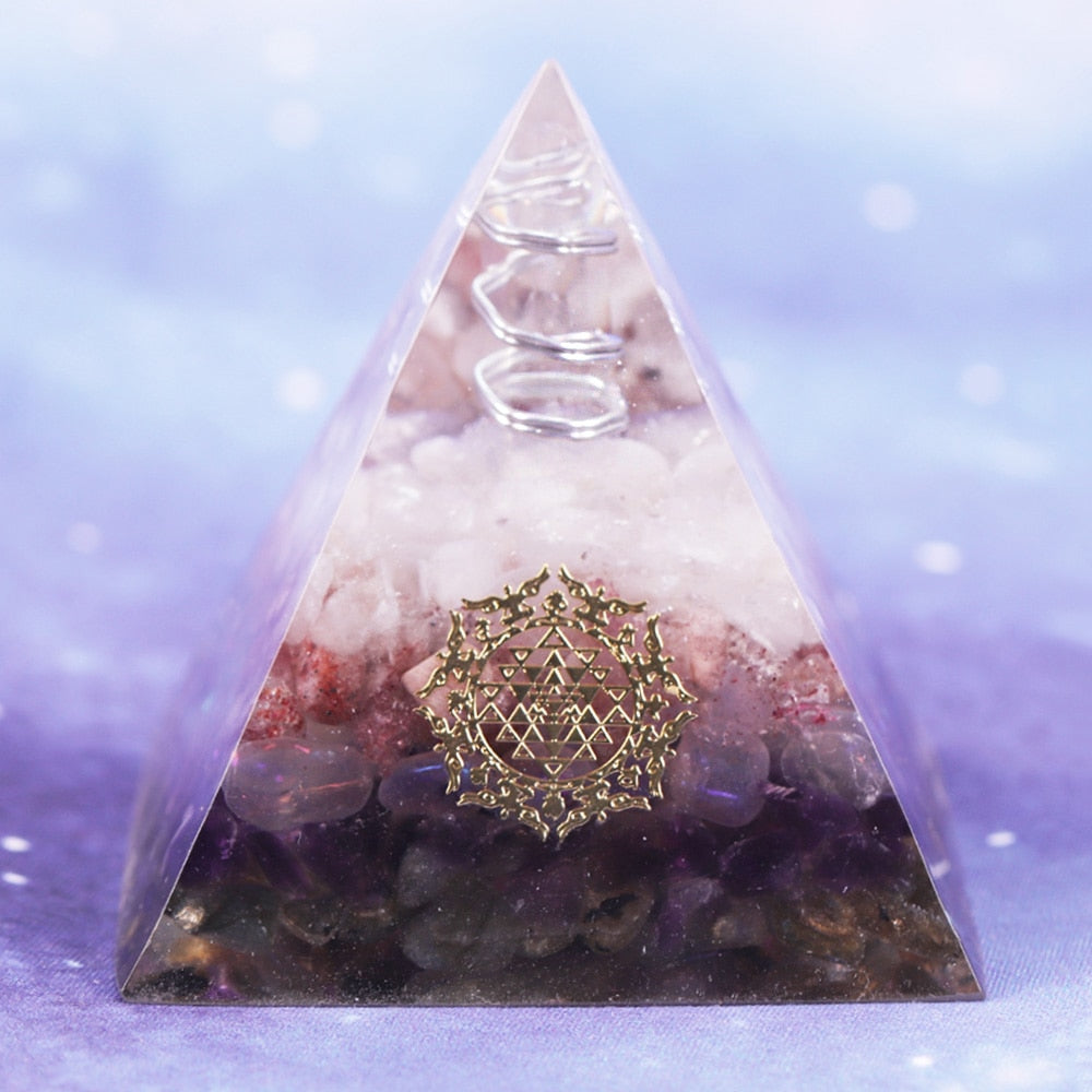 Orgone Pyramid Clear White Crystal Point With Strawberry Crystal Amethyst Opal Energy Symbol Pyramide Emf Protection