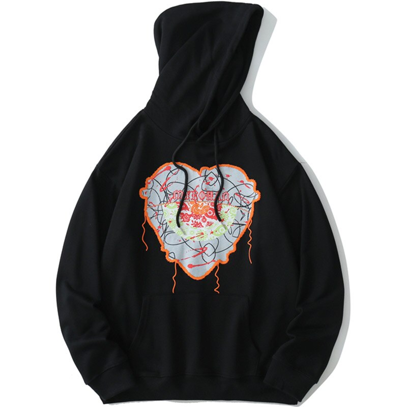 Hoodie Men Cute Heart-shaped Embroidery Hooded Pullover College Style Hipster Casual Loose Sweatshirt Couple Streetwear